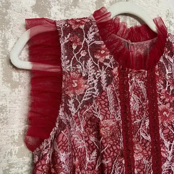 ML Monique Lhuillier Floral Lace Mini Dress with Sheer Ruffle Maroon/Oyster Pink - Picture 5 of 5